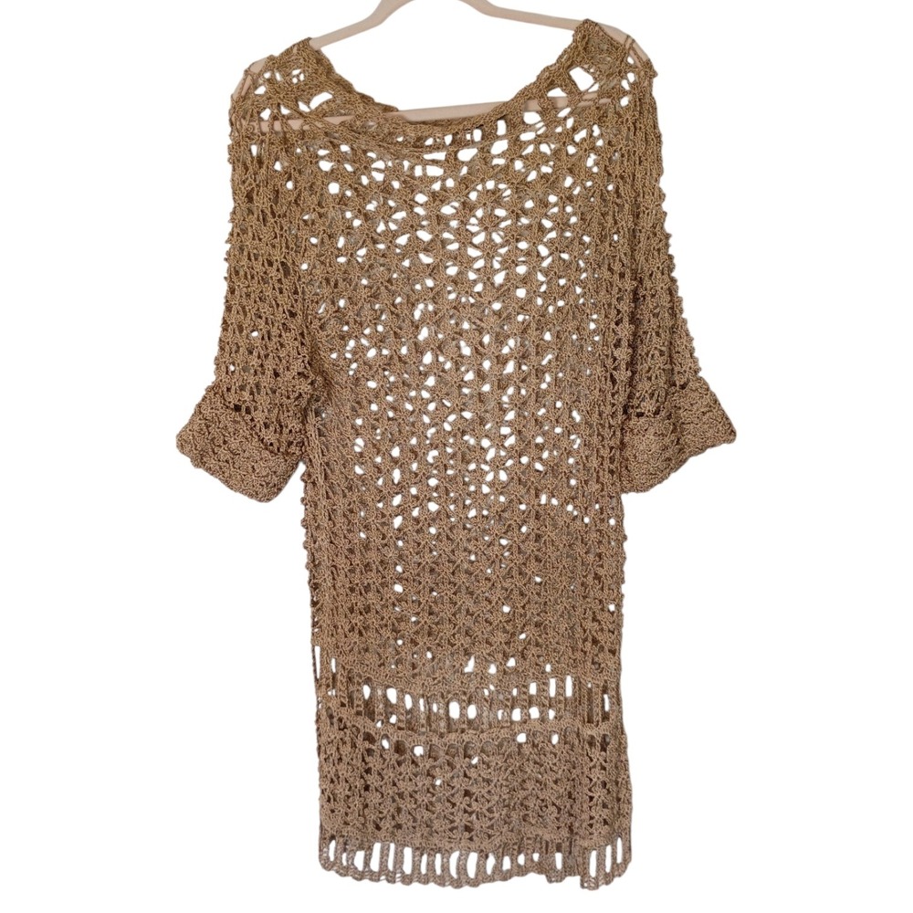 Bronze Metallic Crochet Knit Tunic Dress Floral Open Weave Boho Cover Up Women M